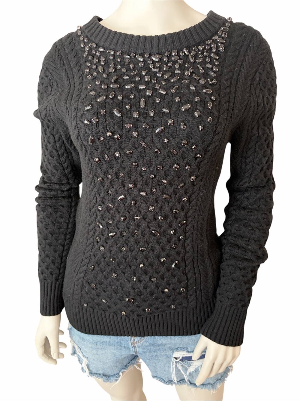 MICHAEL Michael Kors Black Beaded Cable-Knit Crewneck Sweater